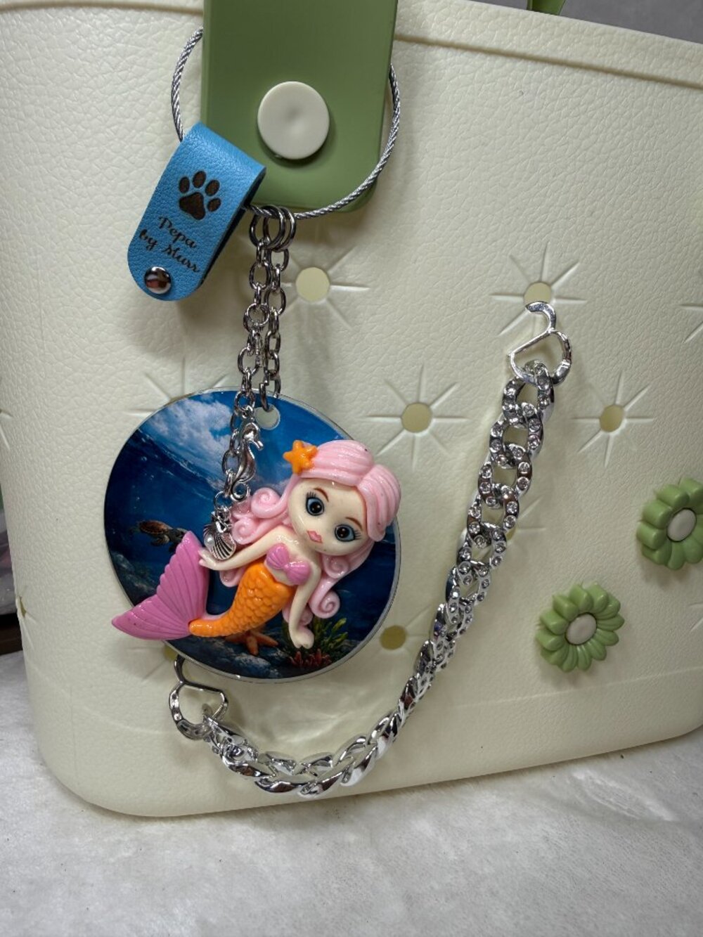 Cream & Green Flower Tote with Mermaid Charm - Picture 6 of 8